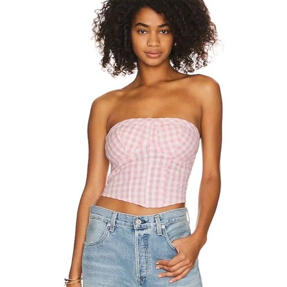 Free People Leilani Gingham Tube Top Corset NWT Pink White Smocked Back Size L - Picture 2 of 10